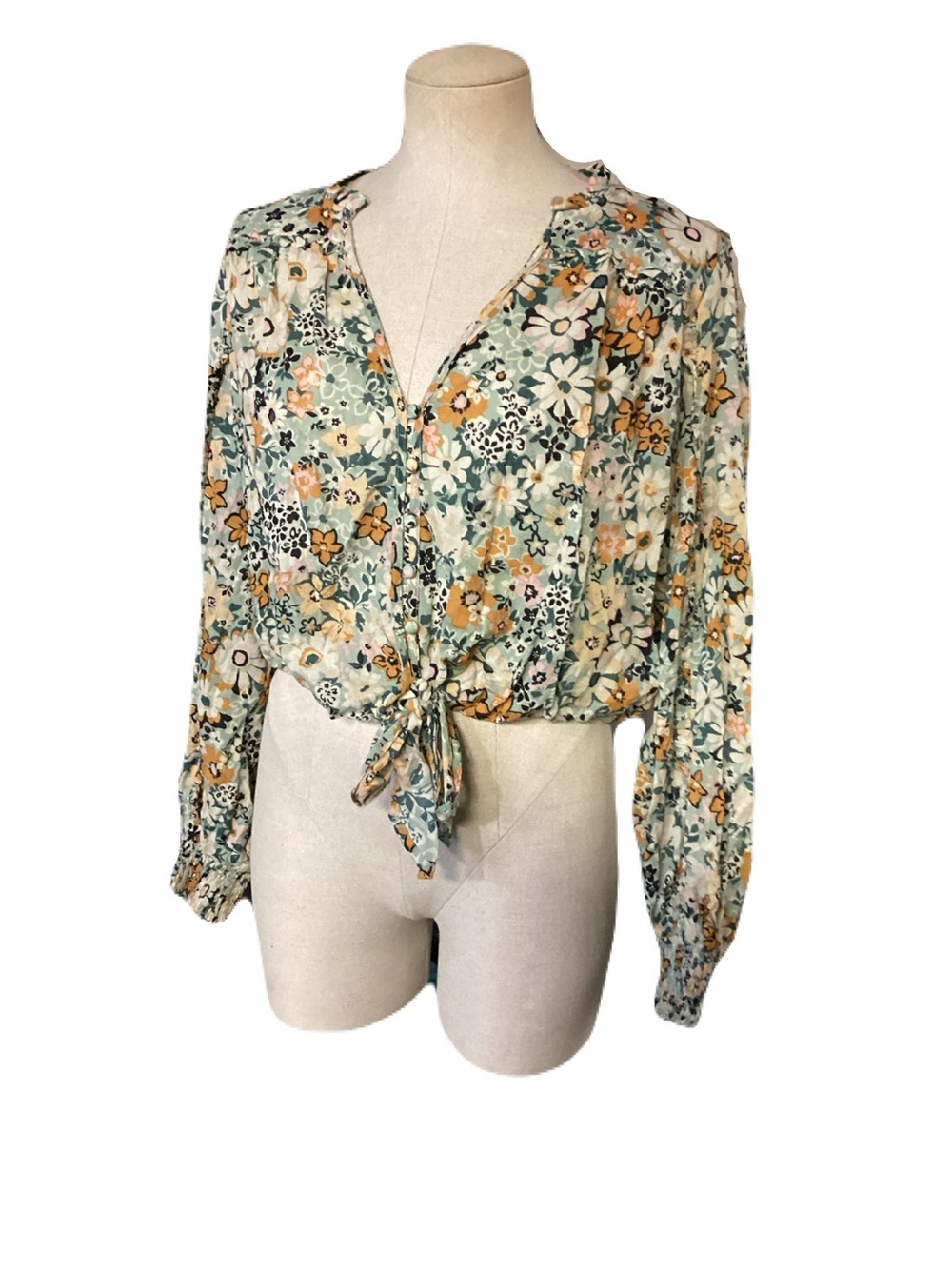 American Eagle Outfitters Floral Tie-Front Blouse in Mint and Mustard